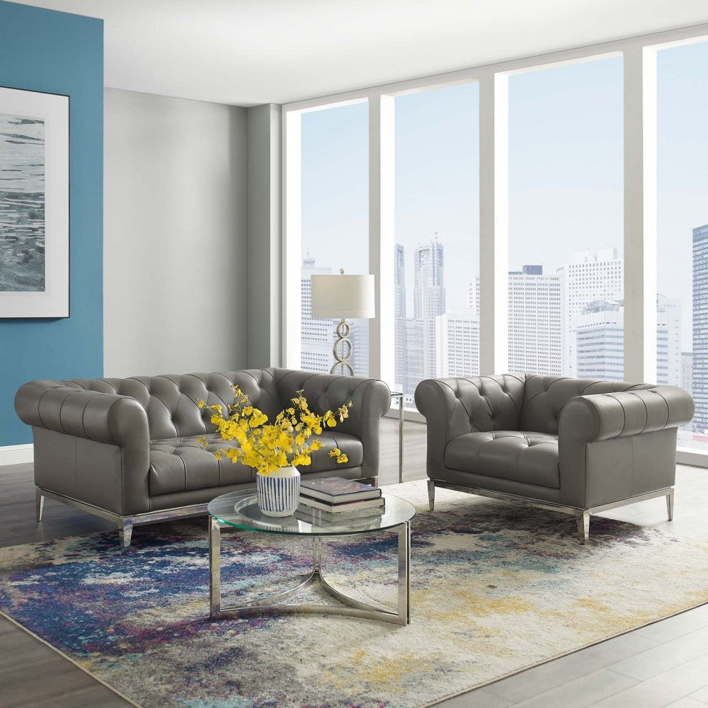 Idyll Tufted Upholstered Leather Loveseat and Armchair, Gray