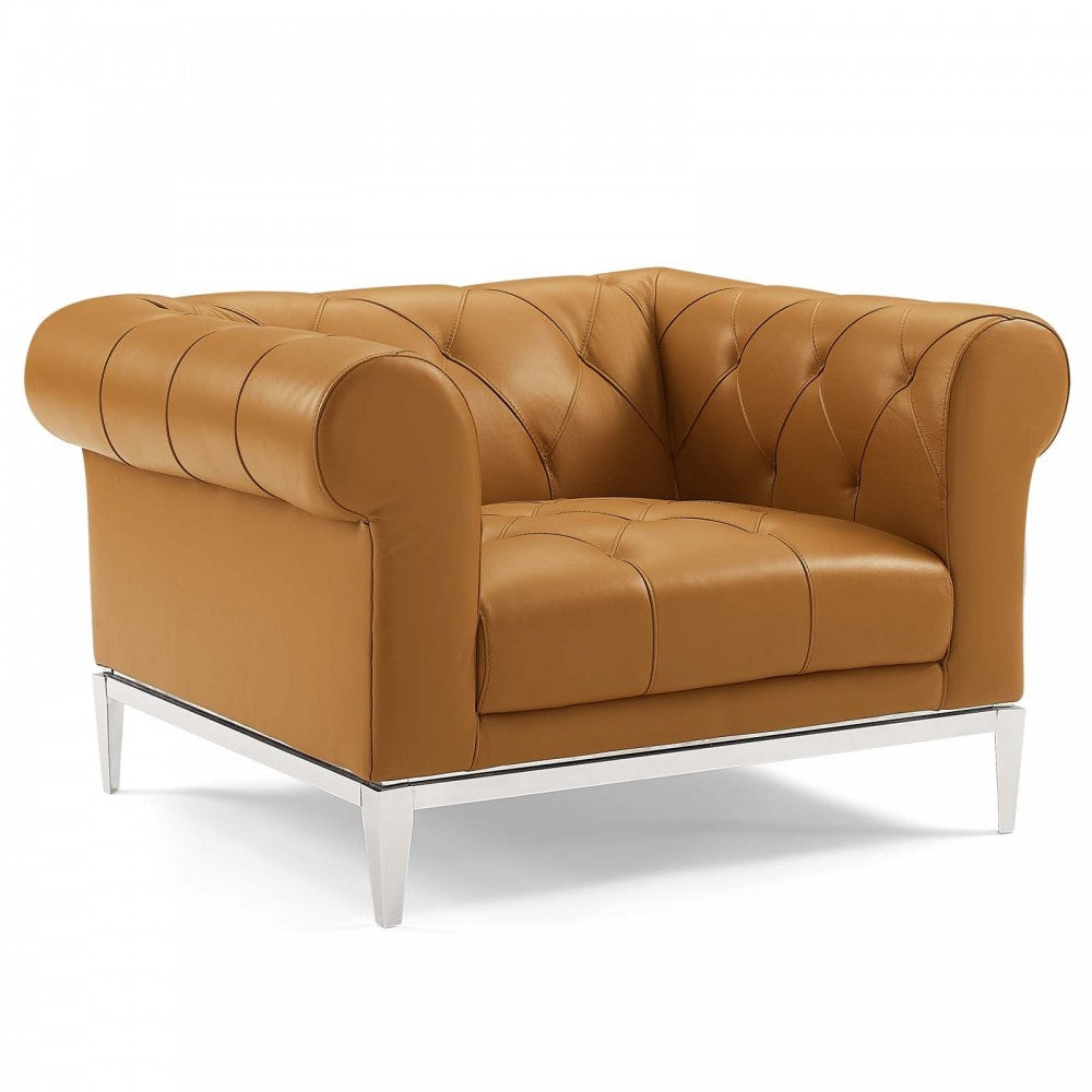 Idyll Tufted Upholstered Leather Sofa and Armchair Set, Tan
