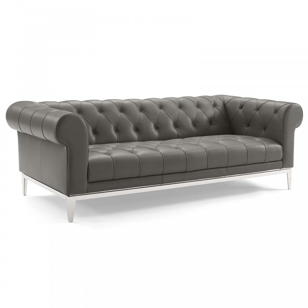 Idyll Tufted Upholstered Leather Sofa and Armchair Set, Gray