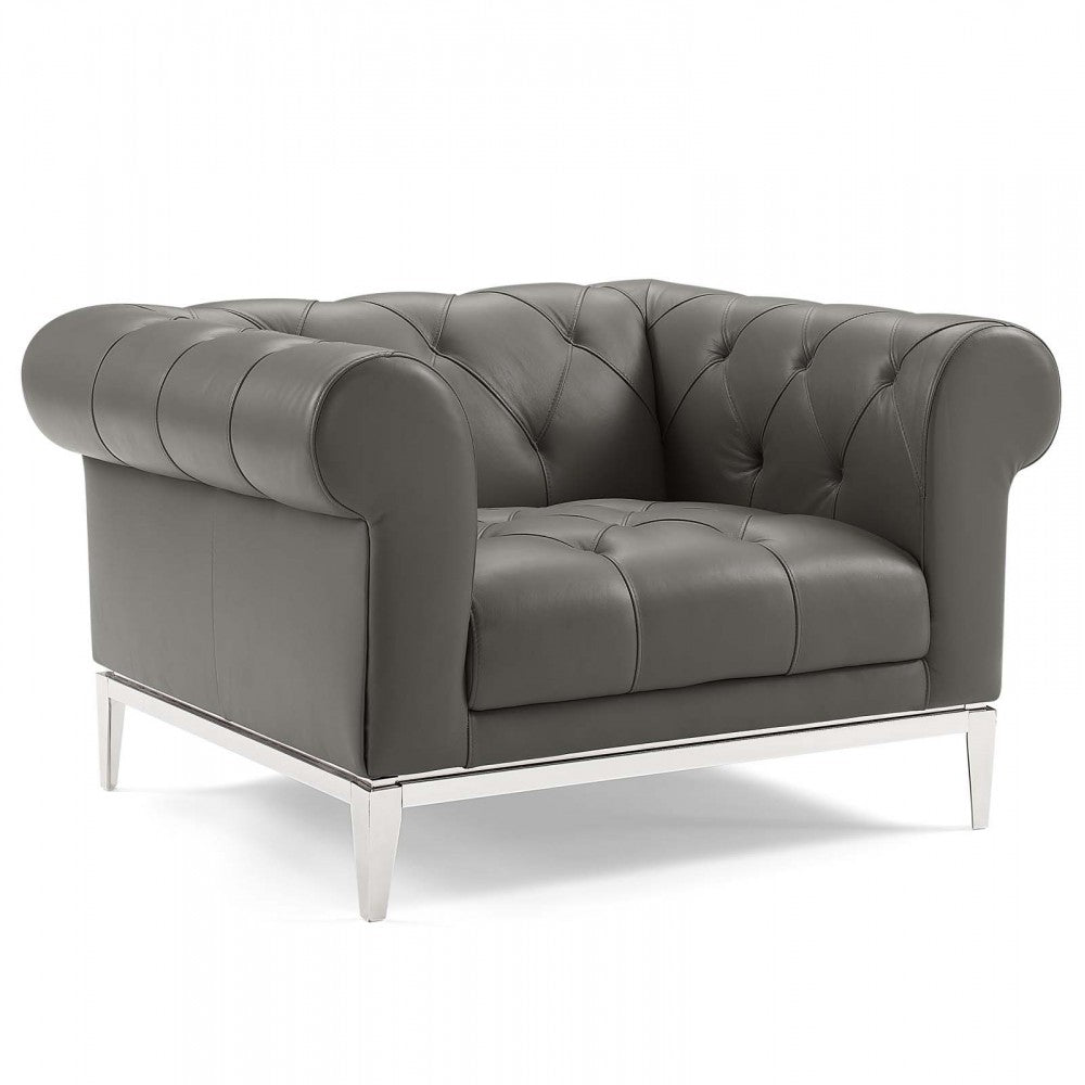 Idyll Tufted Upholstered Leather Sofa and Armchair Set, Gray