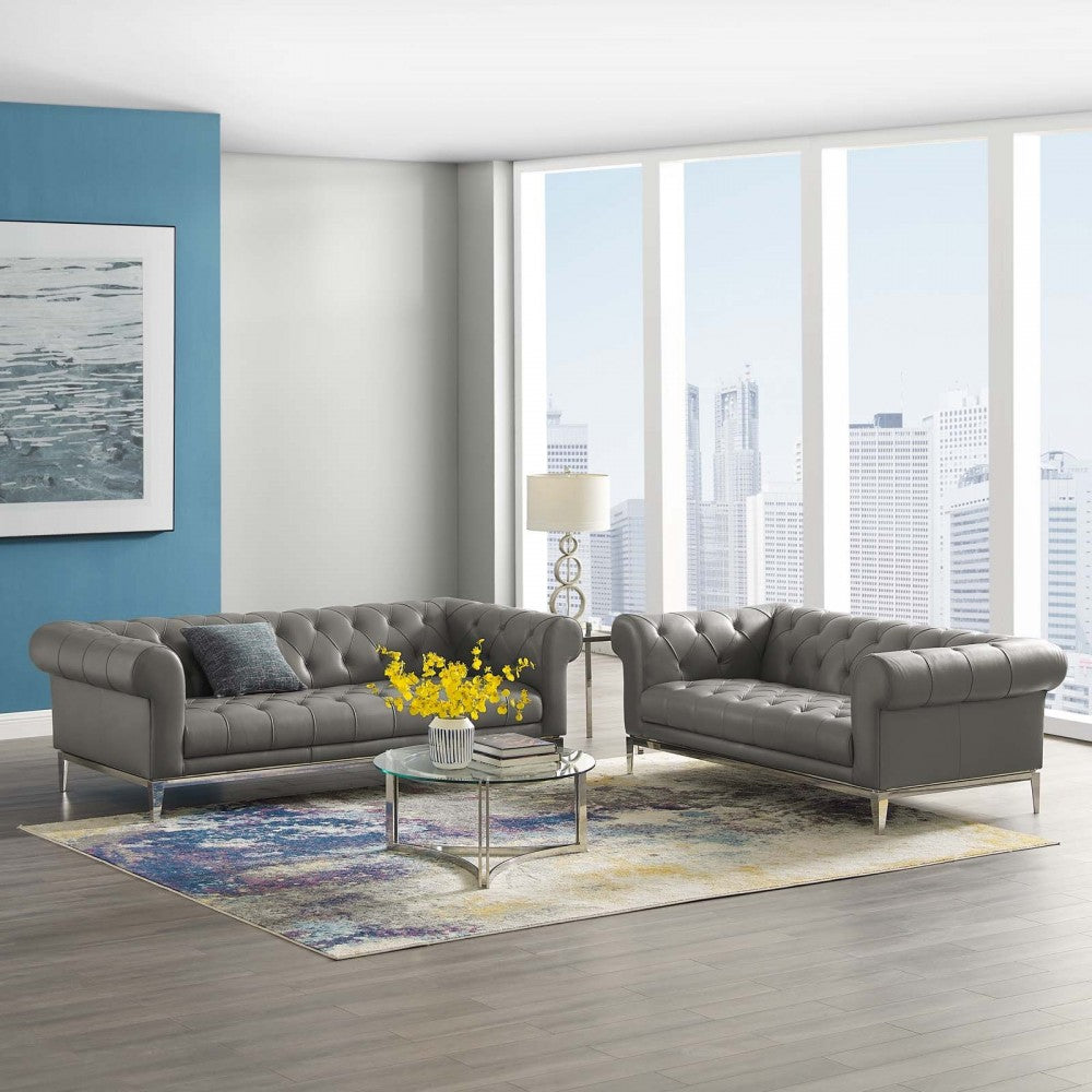 Idyll Tufted Upholstered Leather Sofa and Loveseat Set, Gray