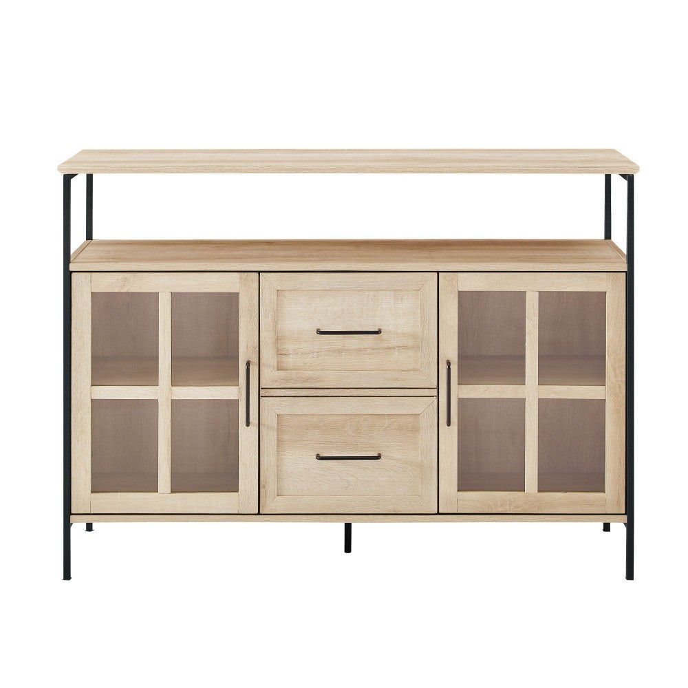 Industrial Farmhouse 2 Tier Glass Door Metal and Wood Buffet - White Oak