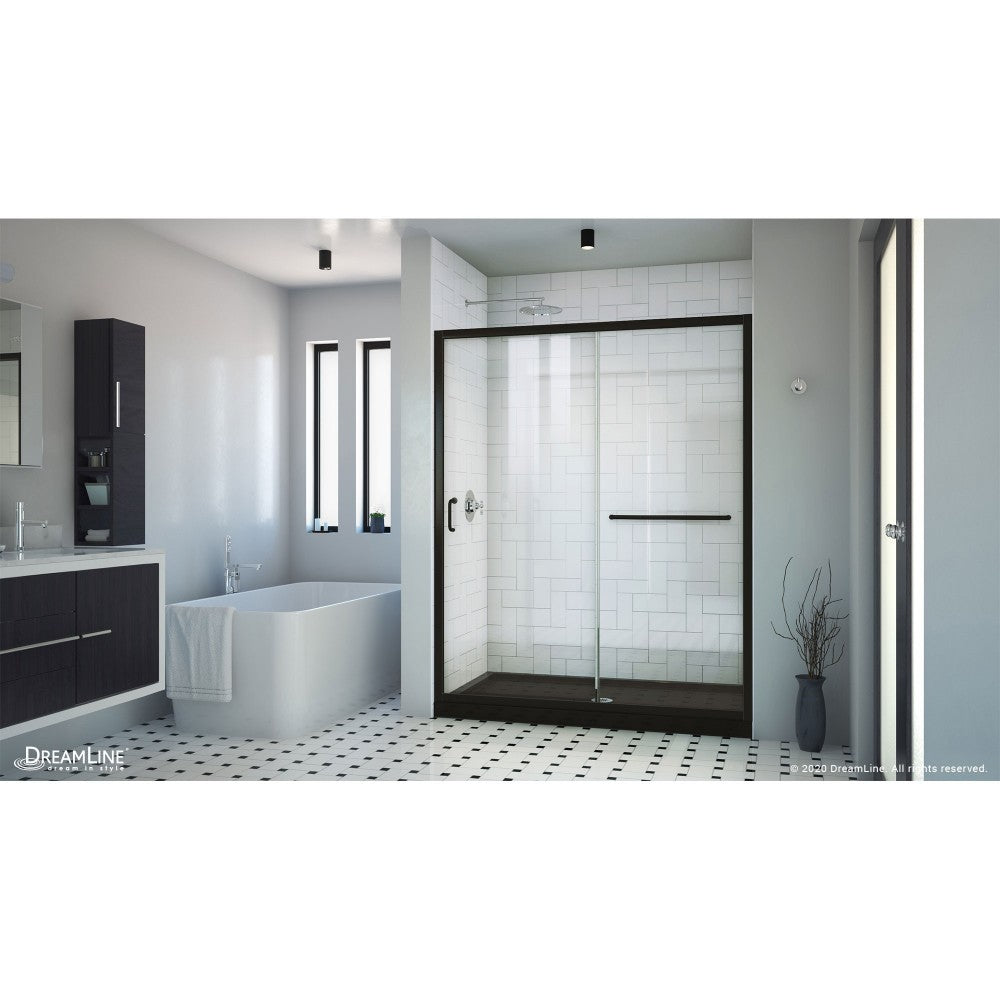Infinity-Z 30 in. D x 60 in. W x 74 3/4 in. H Clear Sliding Shower Door in Satin Black, Center Drain Black Base