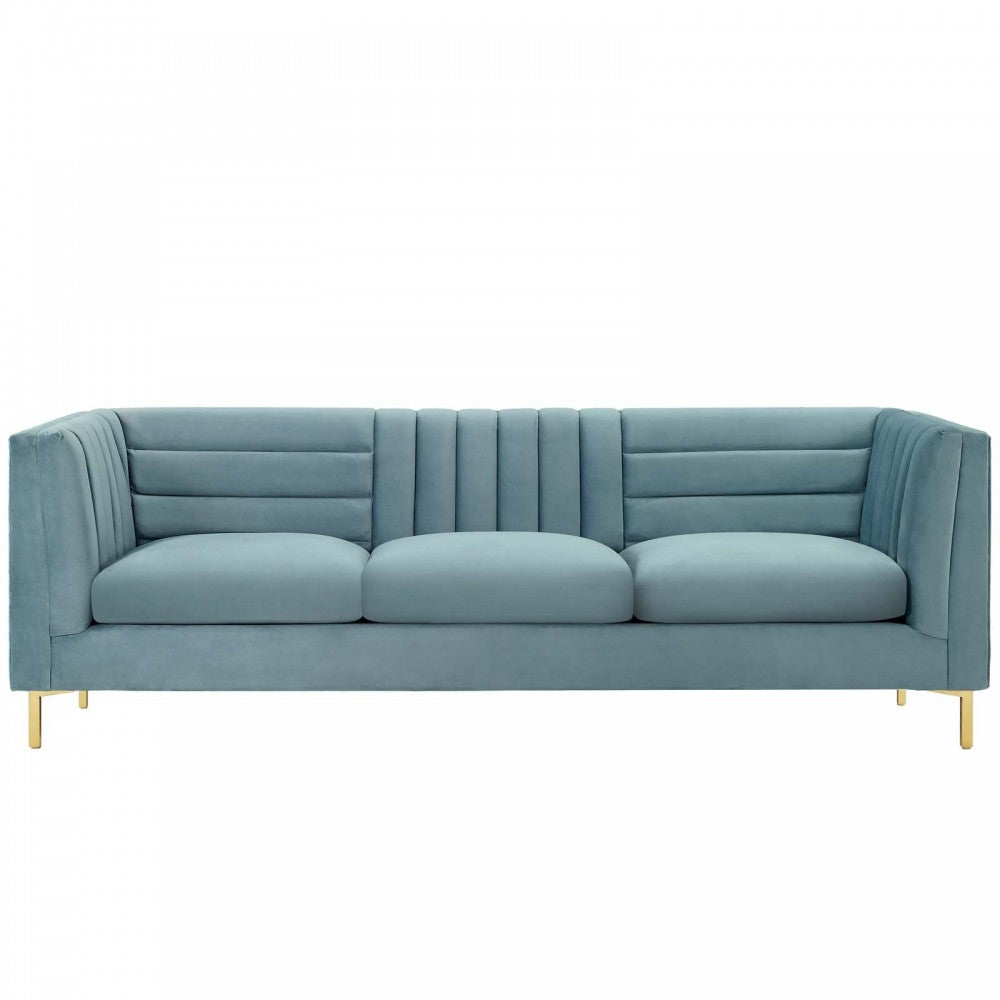 Ingenuity Channel Tufted Performance Velvet Sofa, Light Blue