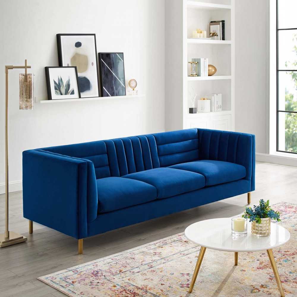 Ingenuity Channel Tufted Performance Velvet Sofa, Navy