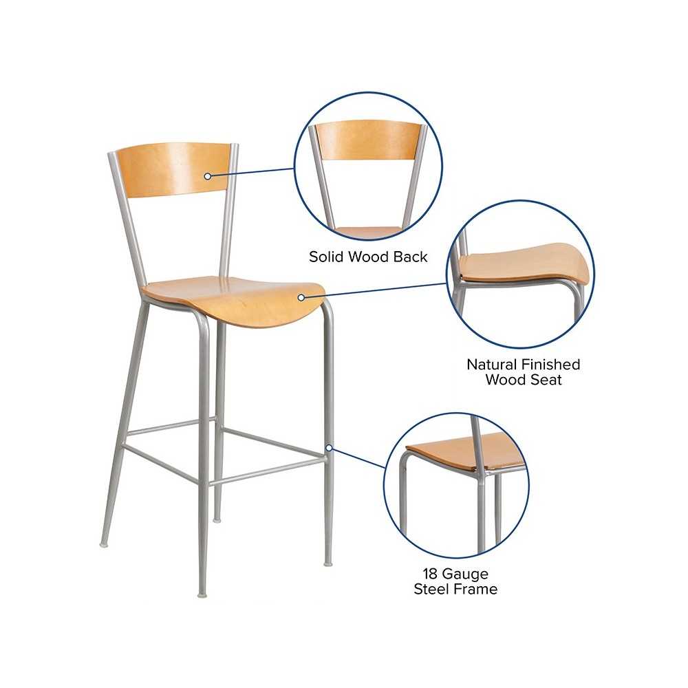 Invincible Series Silver Metal Restaurant Barstool - Natural Wood Back & Seat