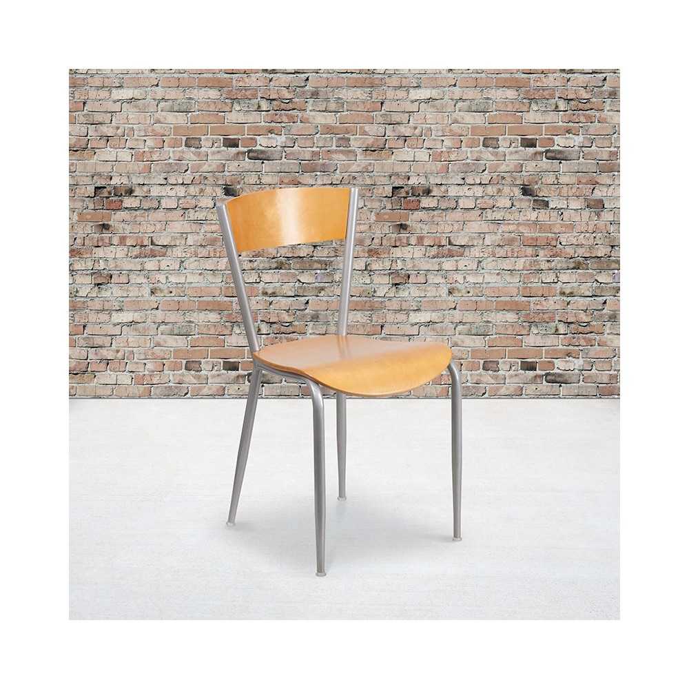 Invincible Series Silver Metal Restaurant Chair - Natural Wood Back & Seat