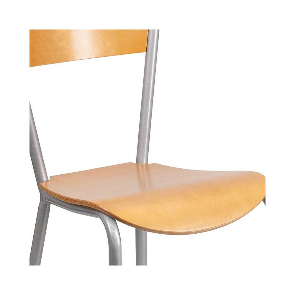 Invincible Series Silver Metal Restaurant Chair - Natural Wood Back & Seat