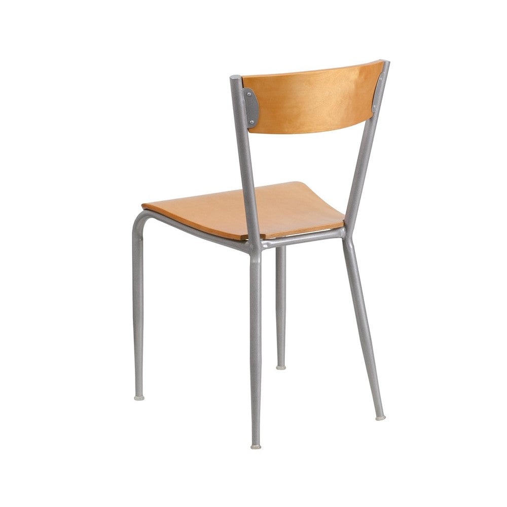 Invincible Series Silver Metal Restaurant Chair - Natural Wood Back & Seat