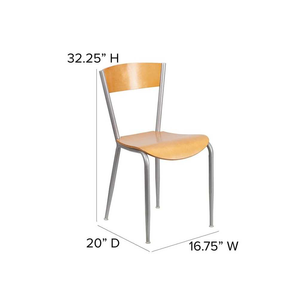 Invincible Series Silver Metal Restaurant Chair - Natural Wood Back & Seat