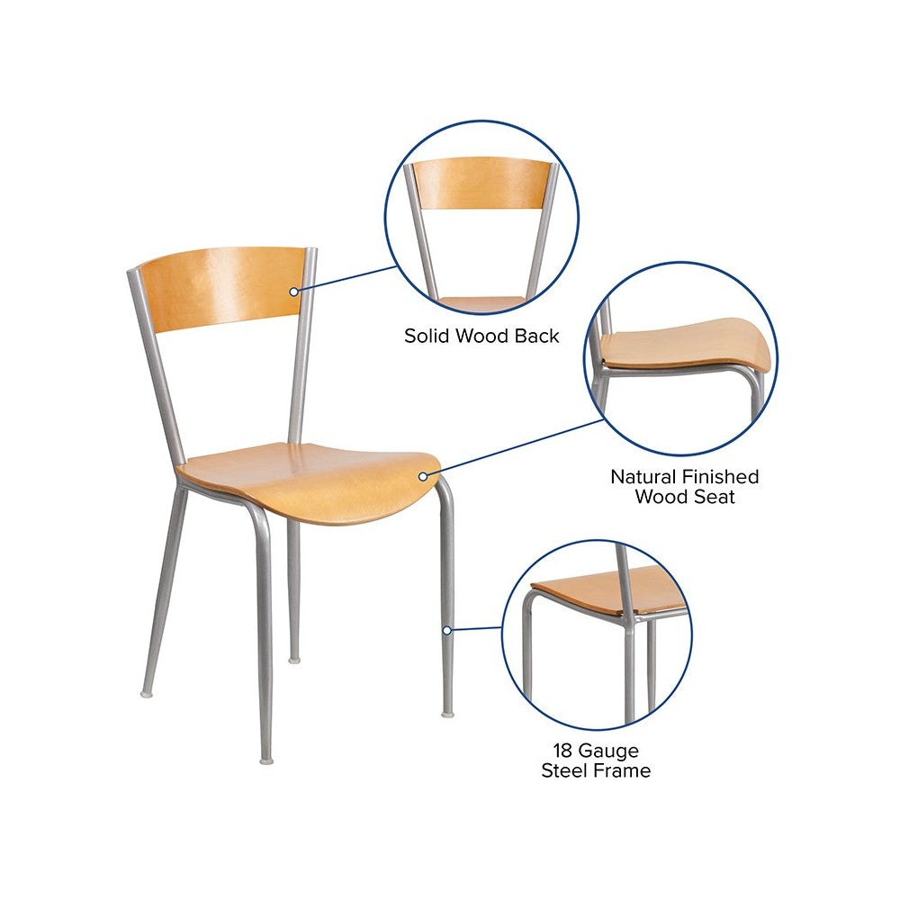 Invincible Series Silver Metal Restaurant Chair - Natural Wood Back & Seat