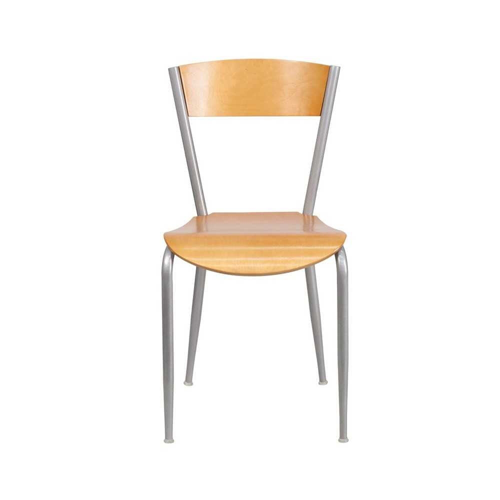 Invincible Series Silver Metal Restaurant Chair - Natural Wood Back & Seat