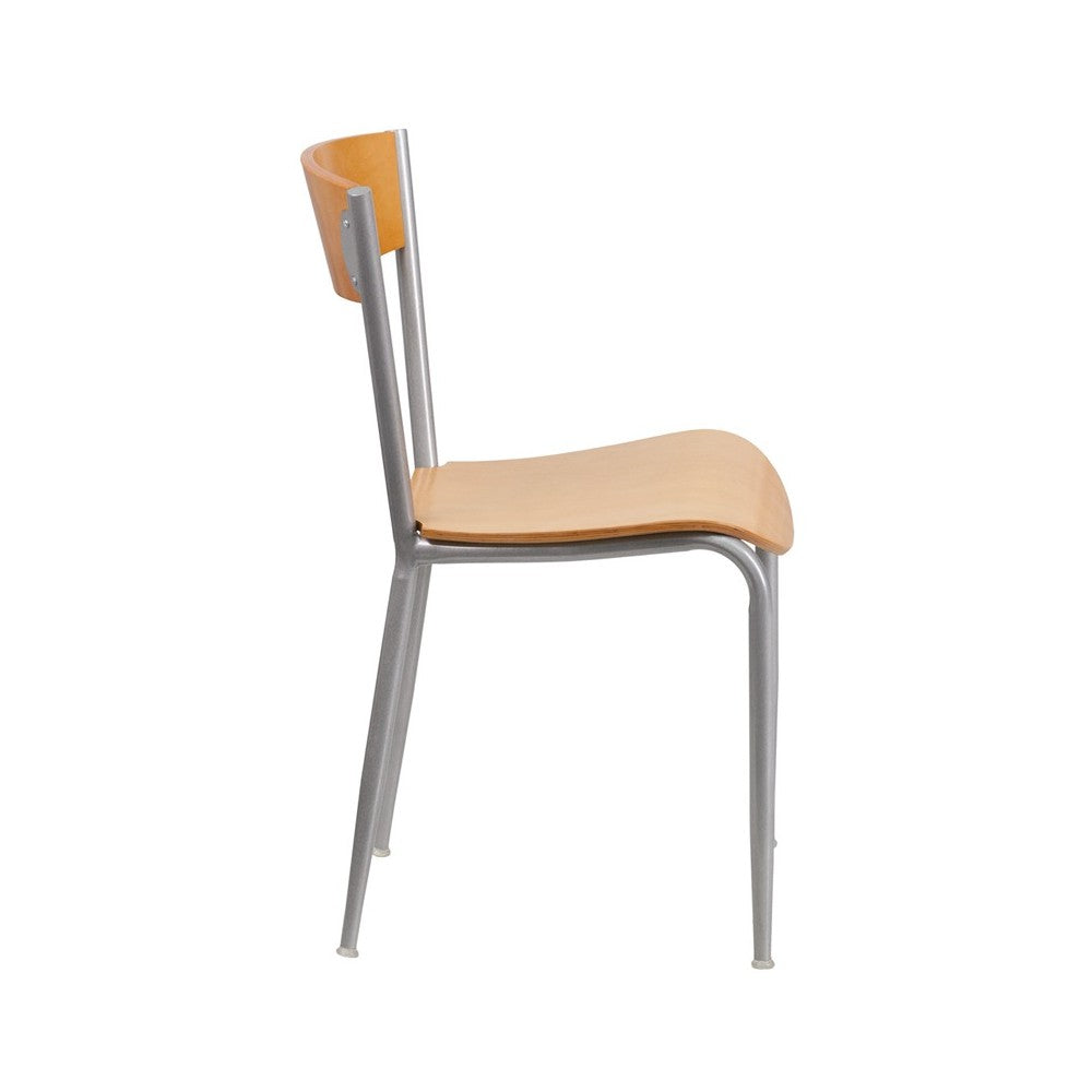 Invincible Series Silver Metal Restaurant Chair - Natural Wood Back & Seat