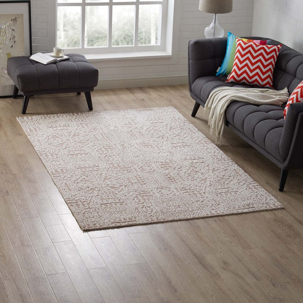 Javiera Contemporary Moroccan 5x8 Area Rug, Ivory and Cameo Rose