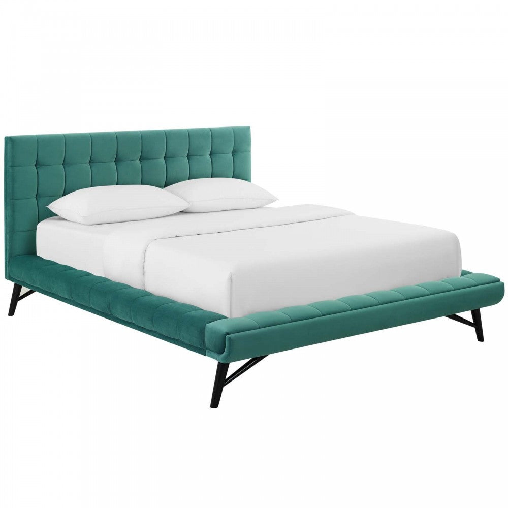 Julia Queen Biscuit Tufted Performance Velvet Platform Bed, Teal