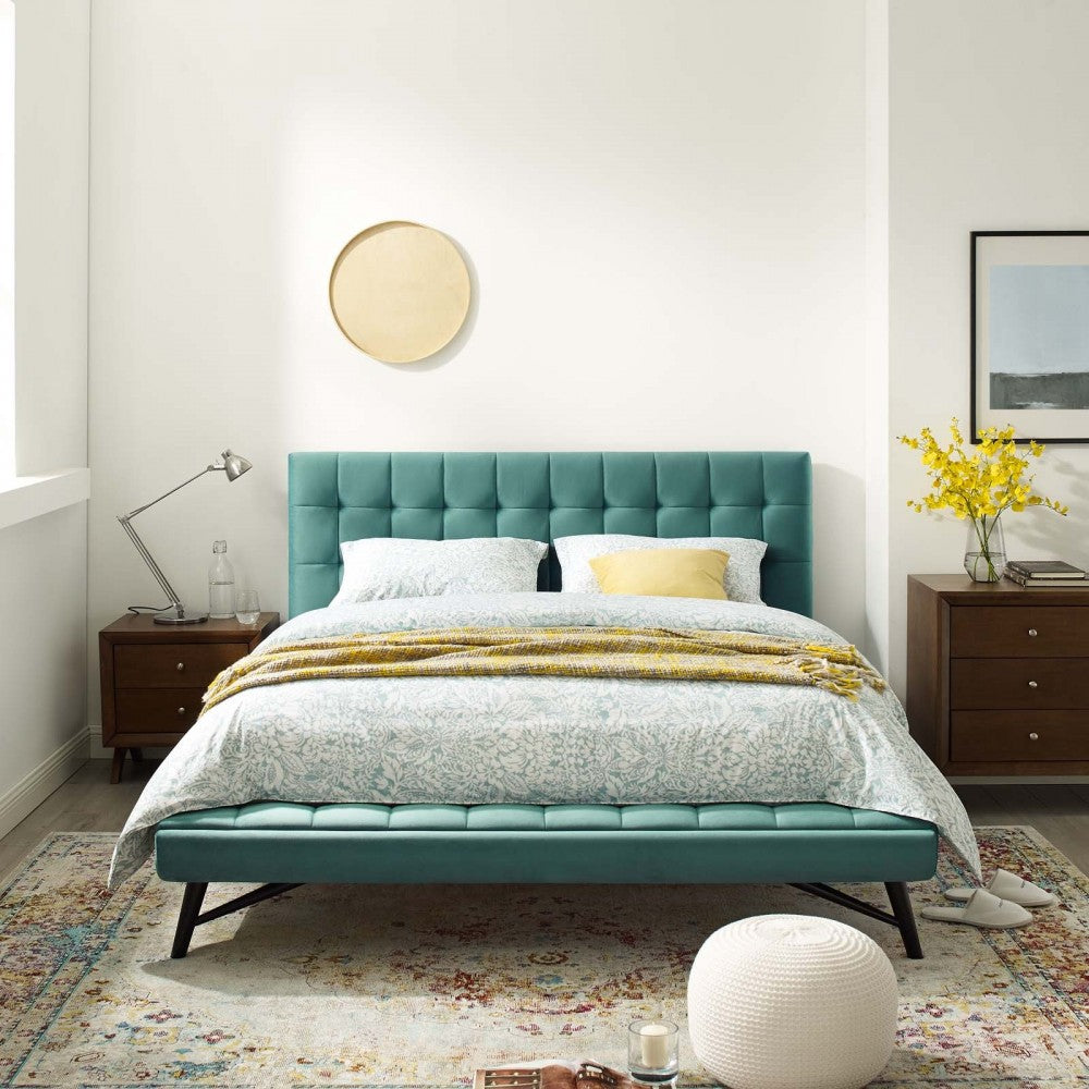 Julia Queen Biscuit Tufted Performance Velvet Platform Bed, Teal