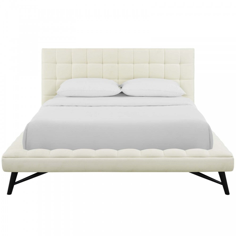 Julia Queen Biscuit Tufted Upholstered Fabric Platform Bed, Ivory