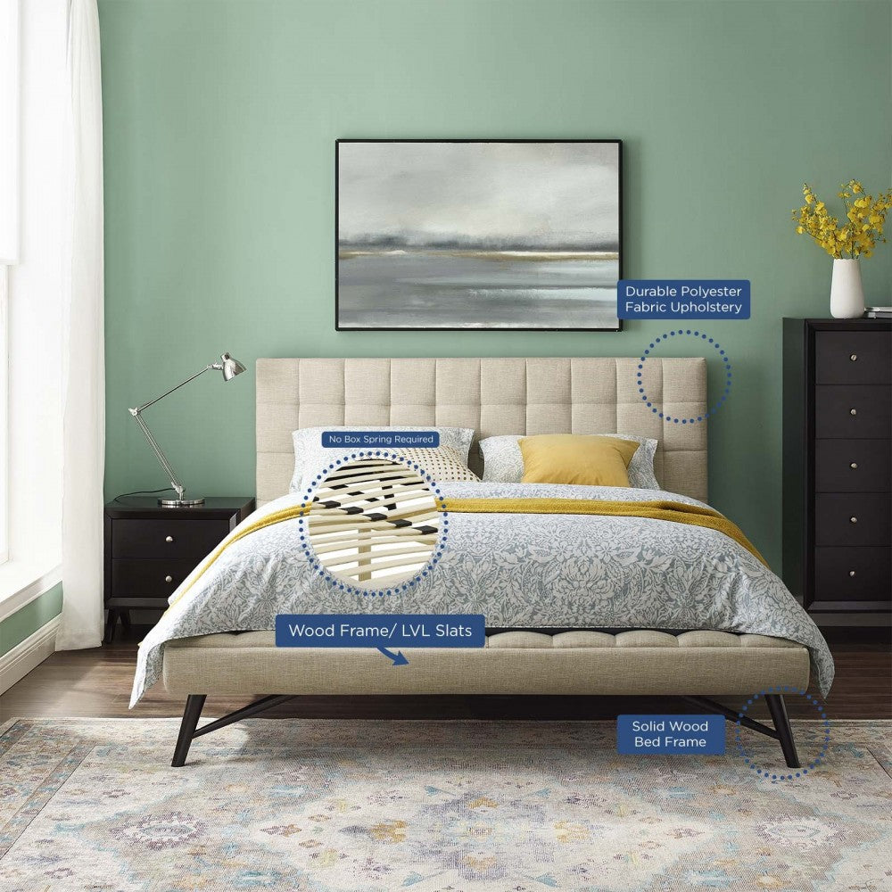 Julia Queen Biscuit Tufted Upholstered Fabric Platform Bed, Beige