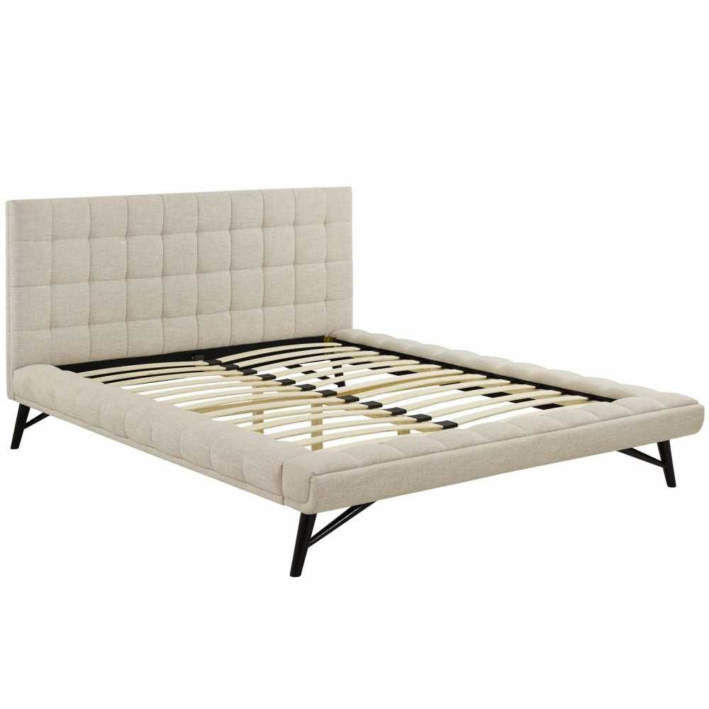 Julia Queen Biscuit Tufted Upholstered Fabric Platform Bed, Beige