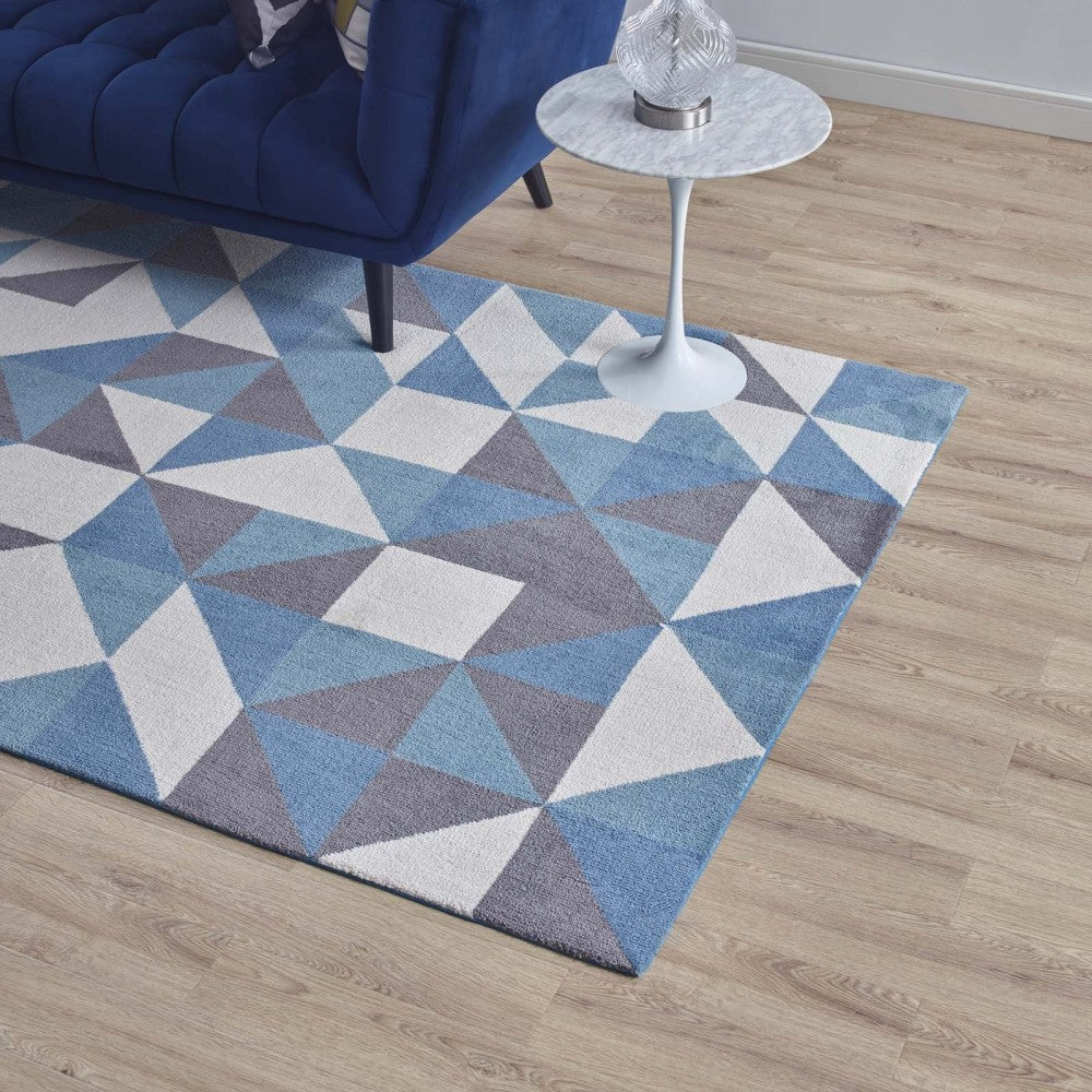 Kahula Geometric Triangle Mosaic 5x8 Area Rug, Blue, White and Gray