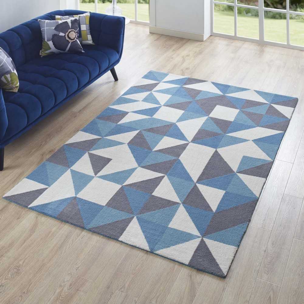 Kahula Geometric Triangle Mosaic 5x8 Area Rug, Blue, White and Gray