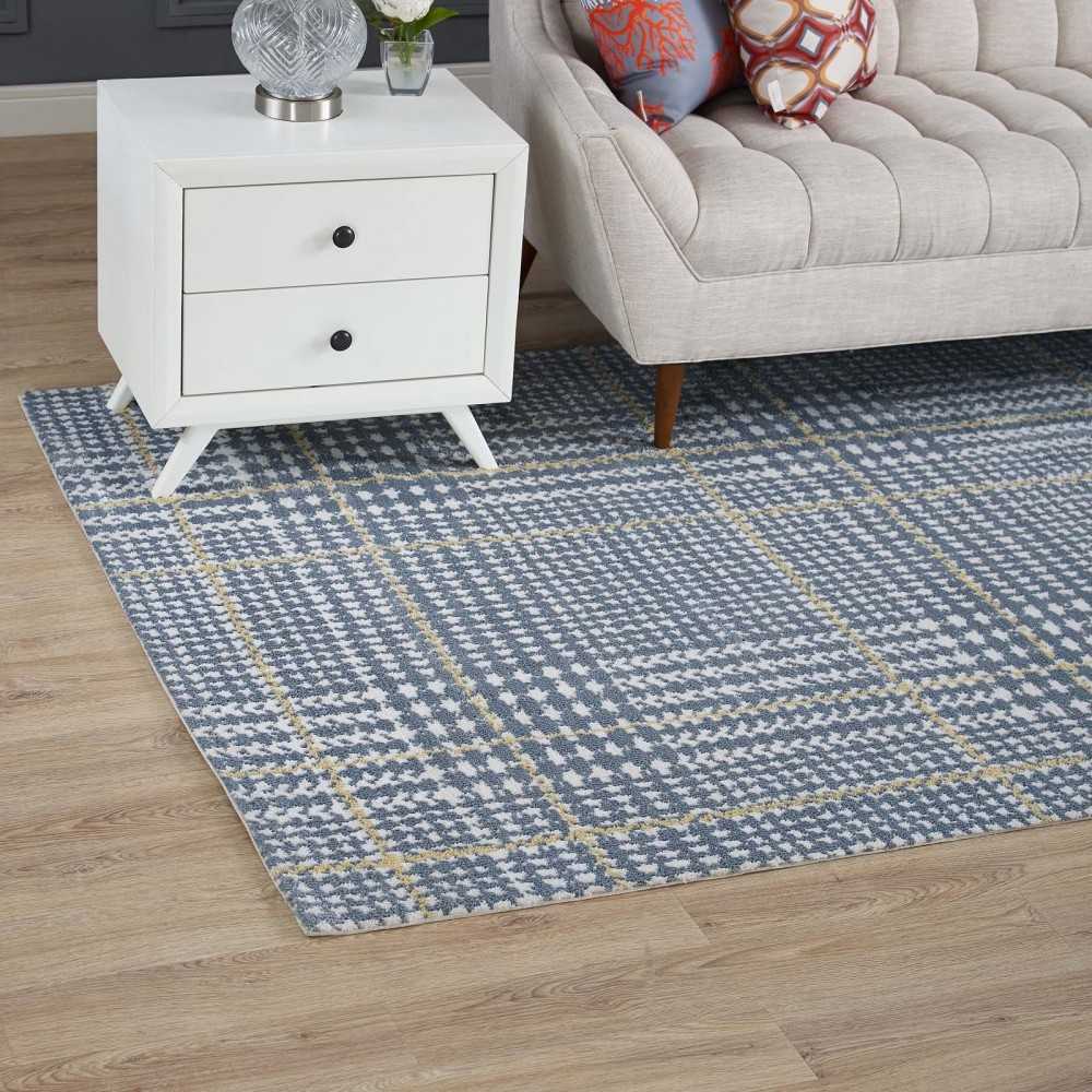 Kaja Abstract Plaid 5x8 Area Rug, Ivory, Cadet Blue and Citron