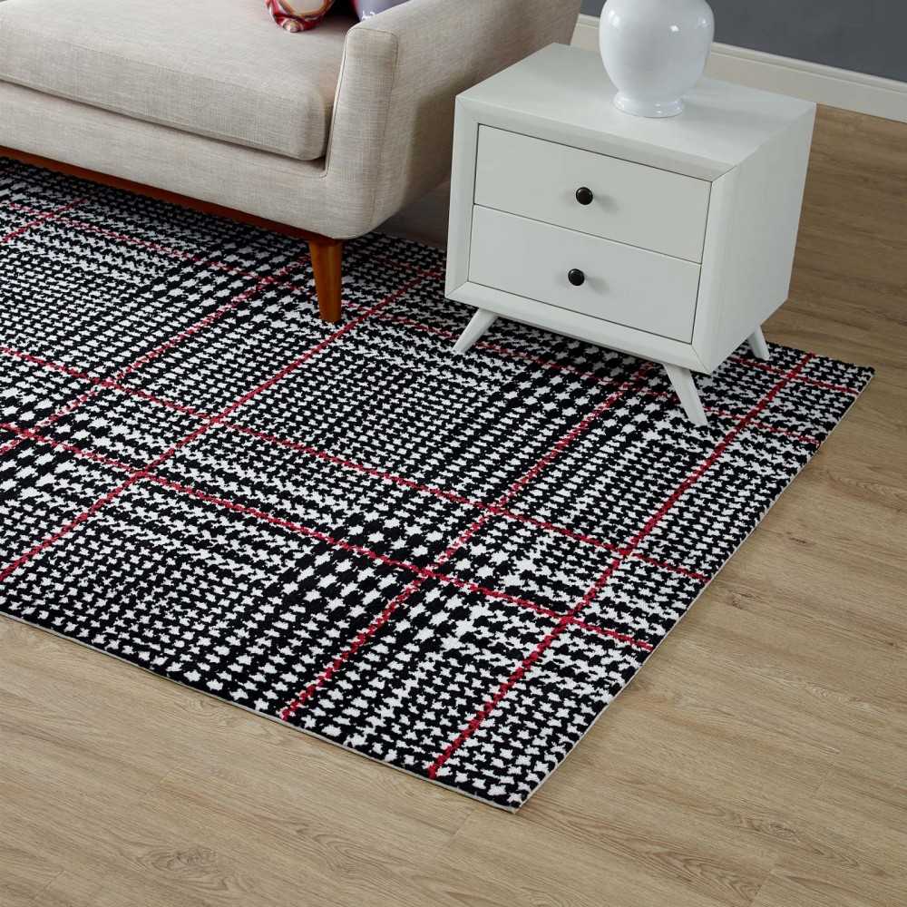 Kaja Abstract Plaid 8x10 Area Rug, Ivory, Black and Red