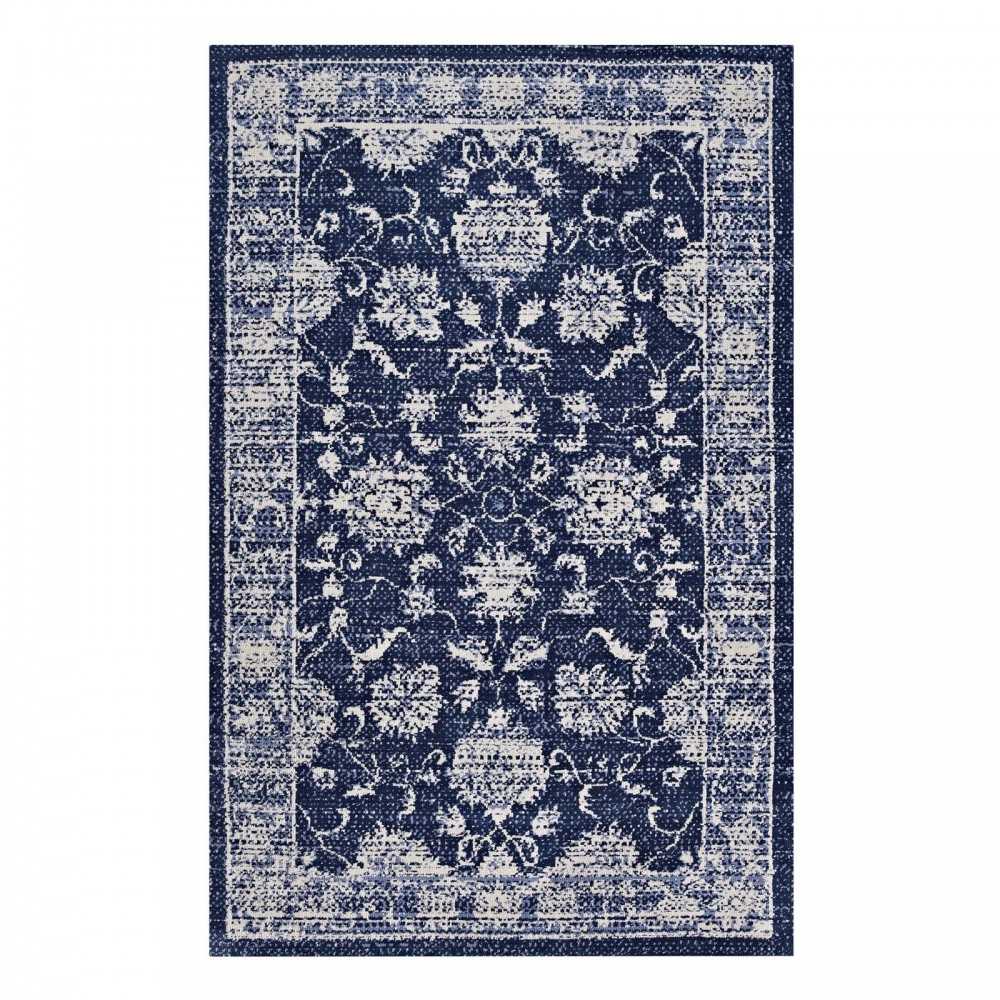 Kazia Distressed Floral Lattice 5x8 Area Rug, Dark Blue and Ivory
