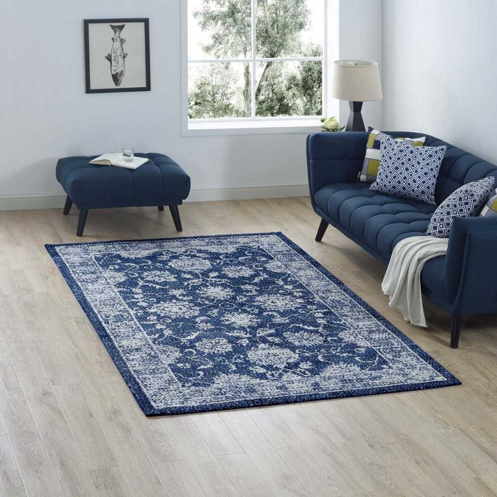 Kazia Distressed Floral Lattice 5x8 Area Rug, Dark Blue and Ivory