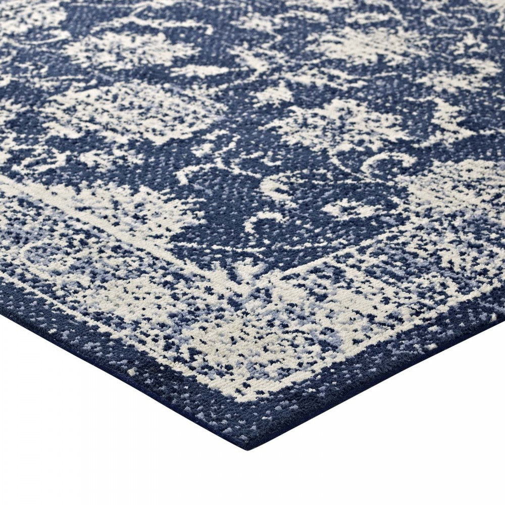 Kazia Distressed Floral Lattice 5x8 Area Rug, Dark Blue and Ivory