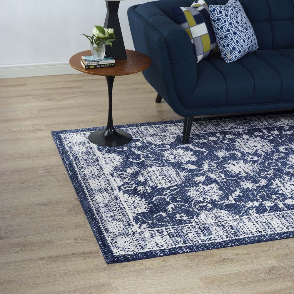 Kazia Distressed Floral Lattice 5x8 Area Rug, Dark Blue and Ivory
