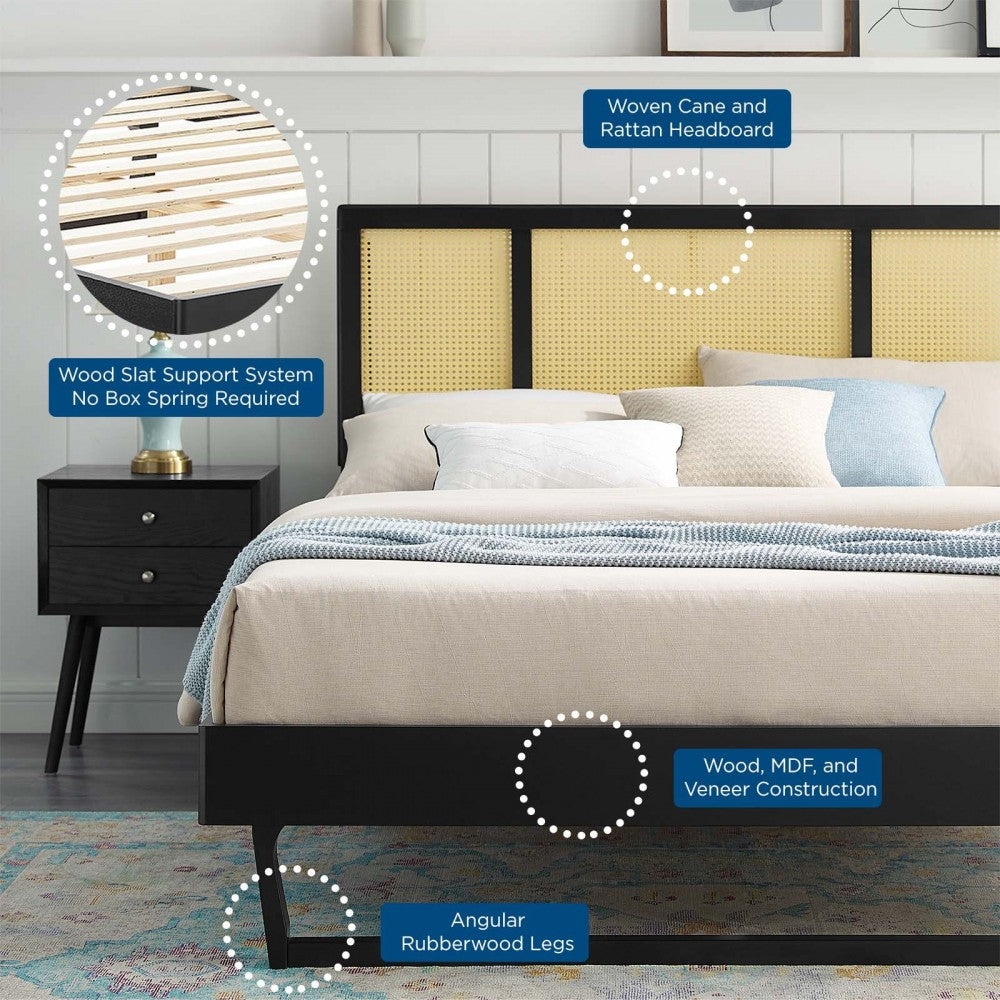 Kelsea Cane and Wood Full Platform Bed With Angular Legs, Black