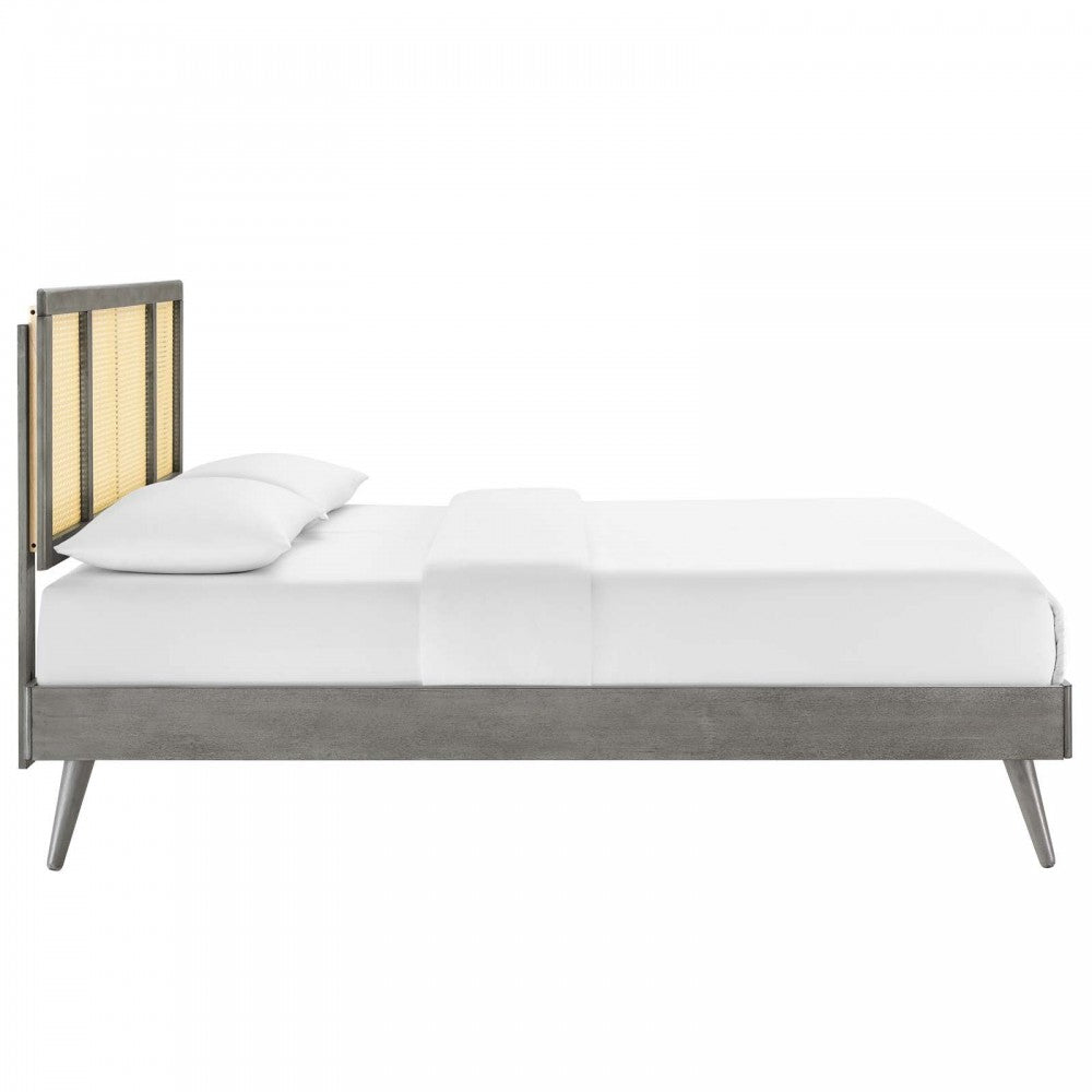 Kelsea Cane and Wood Queen Platform Bed With Splayed Legs, Gray