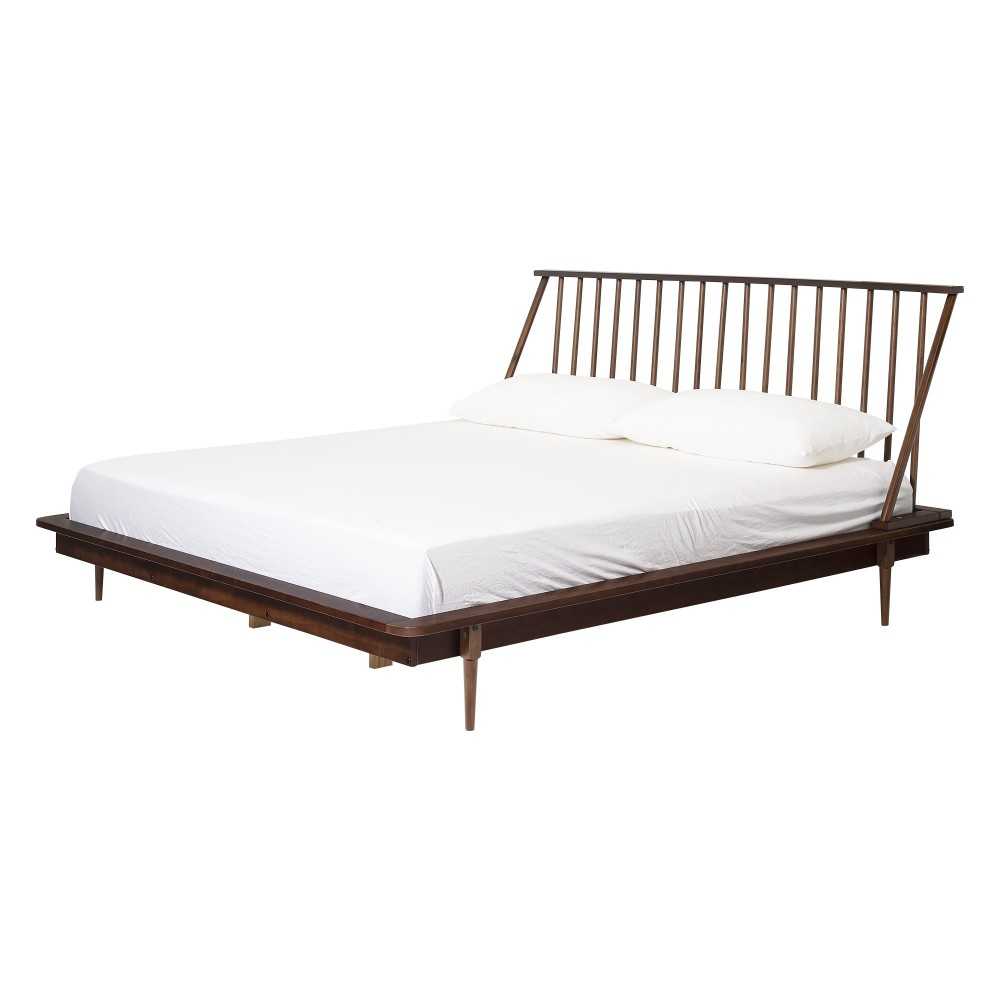 King Mid Century Modern Solid Wood Spindle Platform Bed - Walnut