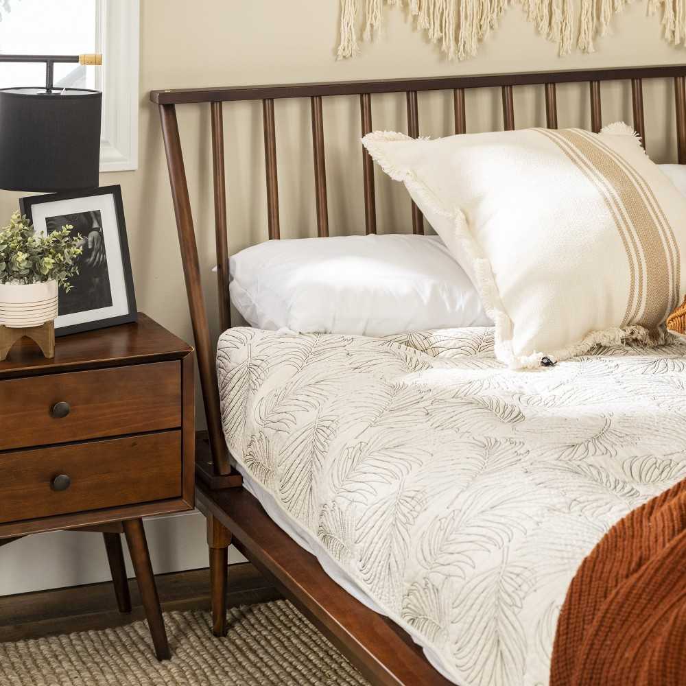 King Mid Century Modern Solid Wood Spindle Platform Bed - Walnut
