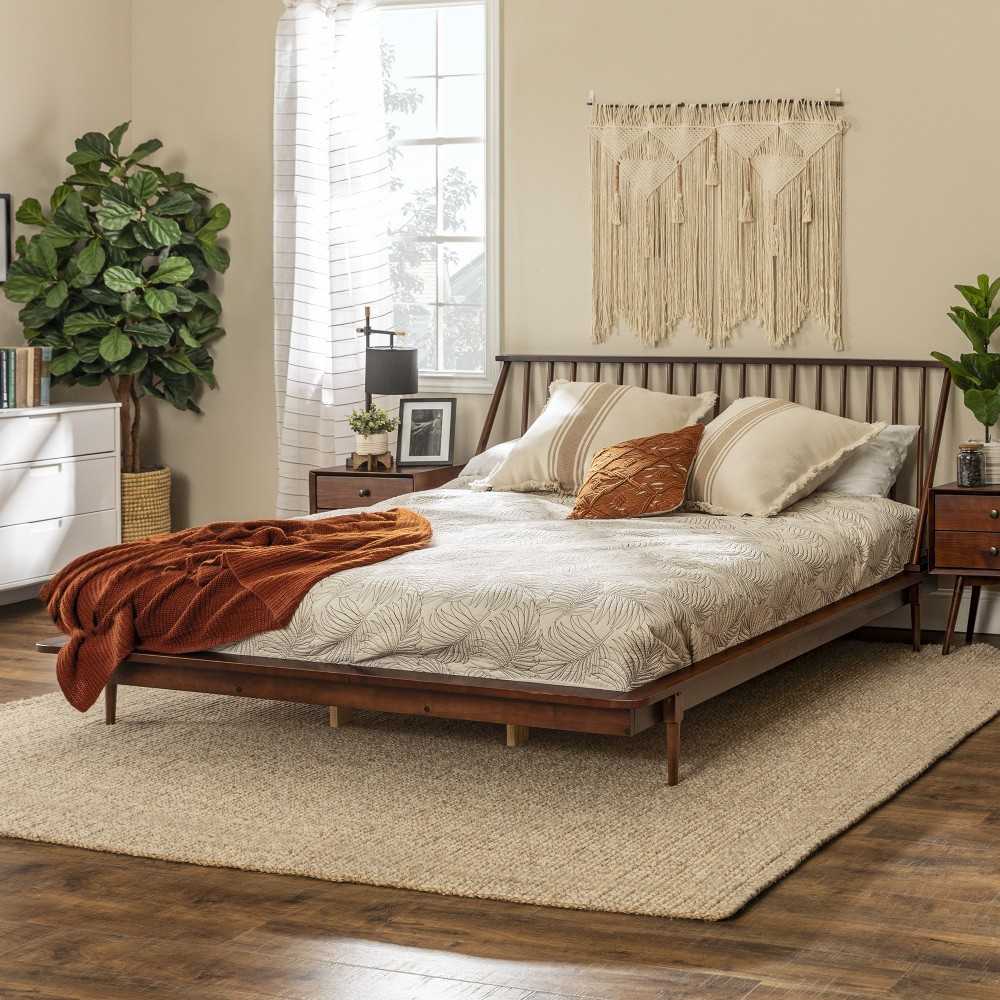 King Mid Century Modern Solid Wood Spindle Platform Bed - Walnut