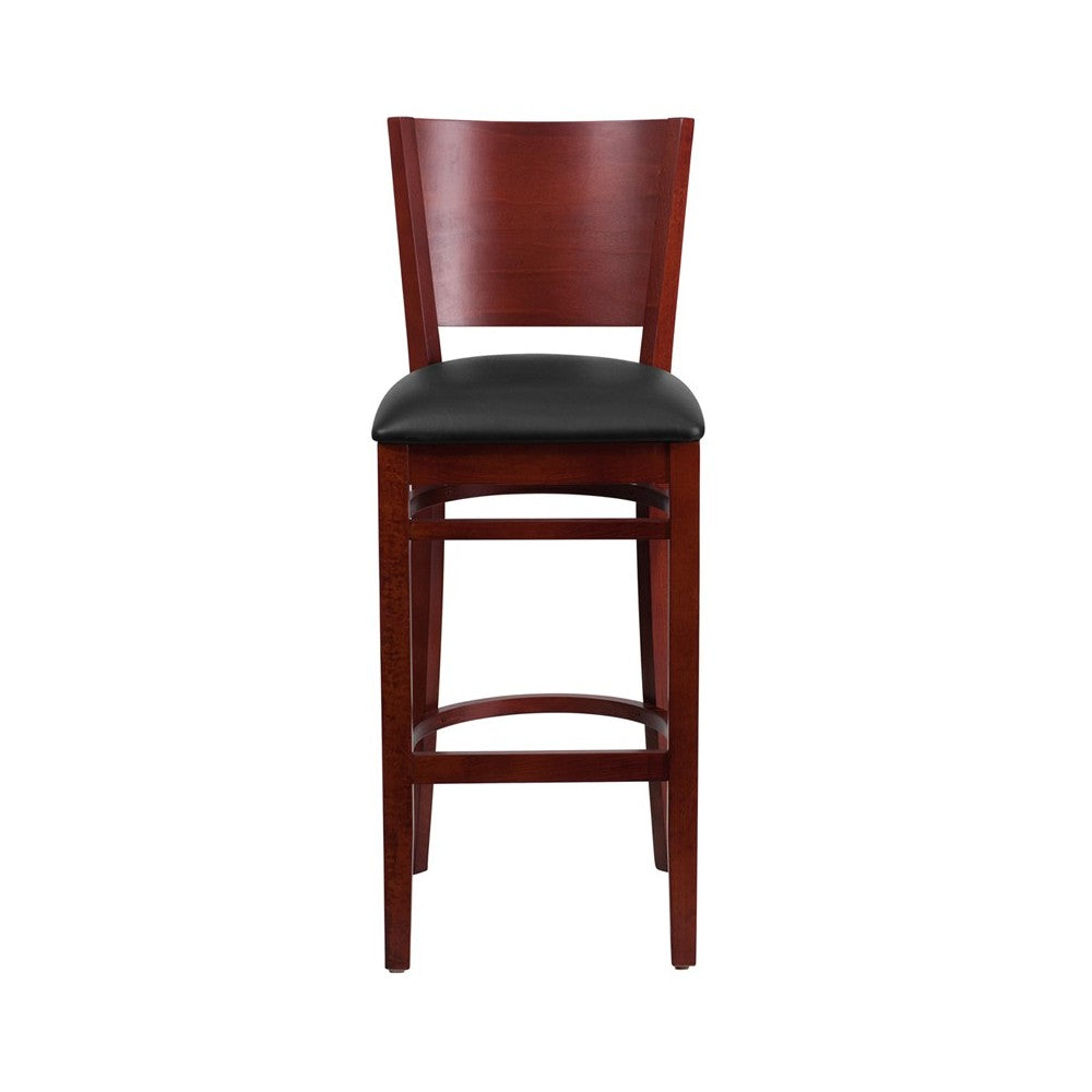 Lacey Series Solid Back Mahogany Wood Restaurant Barstool - Black Vinyl Seat