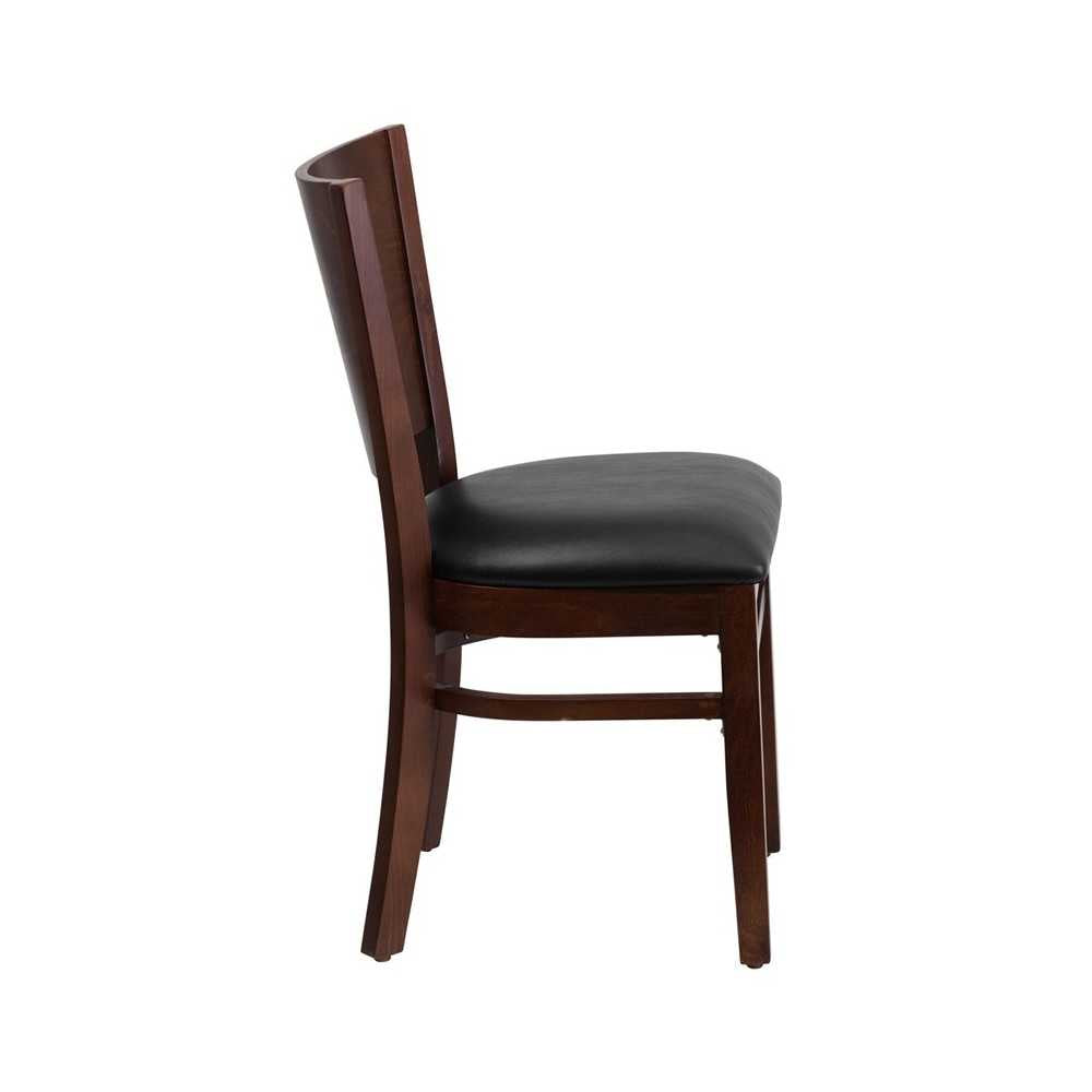 Lacey Series Solid Back Walnut Wood Restaurant Chair - Black Vinyl Seat