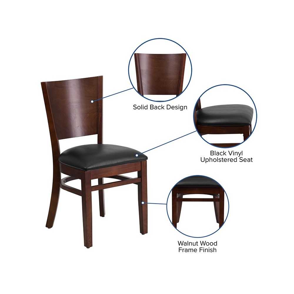 Lacey Series Solid Back Walnut Wood Restaurant Chair - Black Vinyl Seat