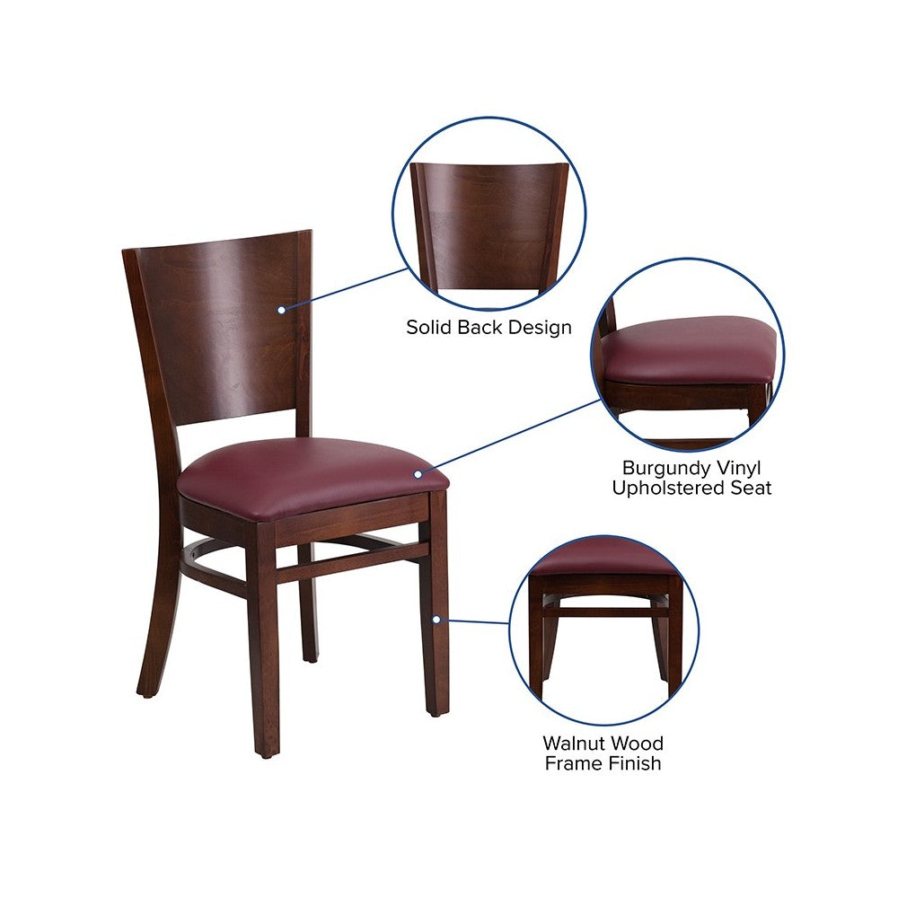 Lacey Series Solid Back Walnut Wood Restaurant Chair - Burgundy Vinyl Seat