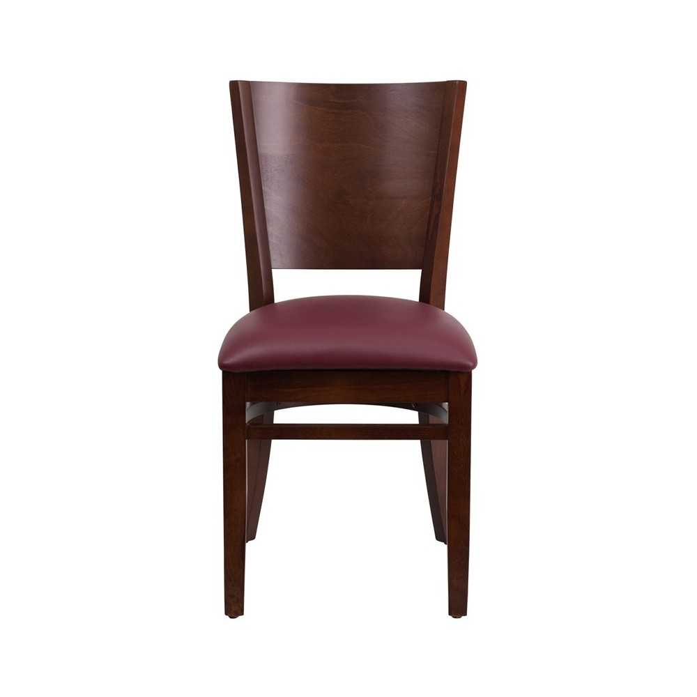 Lacey Series Solid Back Walnut Wood Restaurant Chair - Burgundy Vinyl Seat