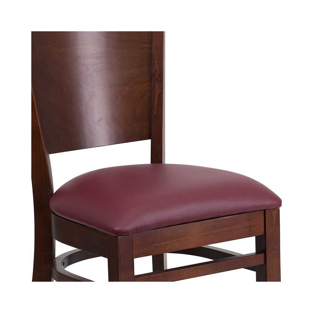 Lacey Series Solid Back Walnut Wood Restaurant Chair - Burgundy Vinyl Seat