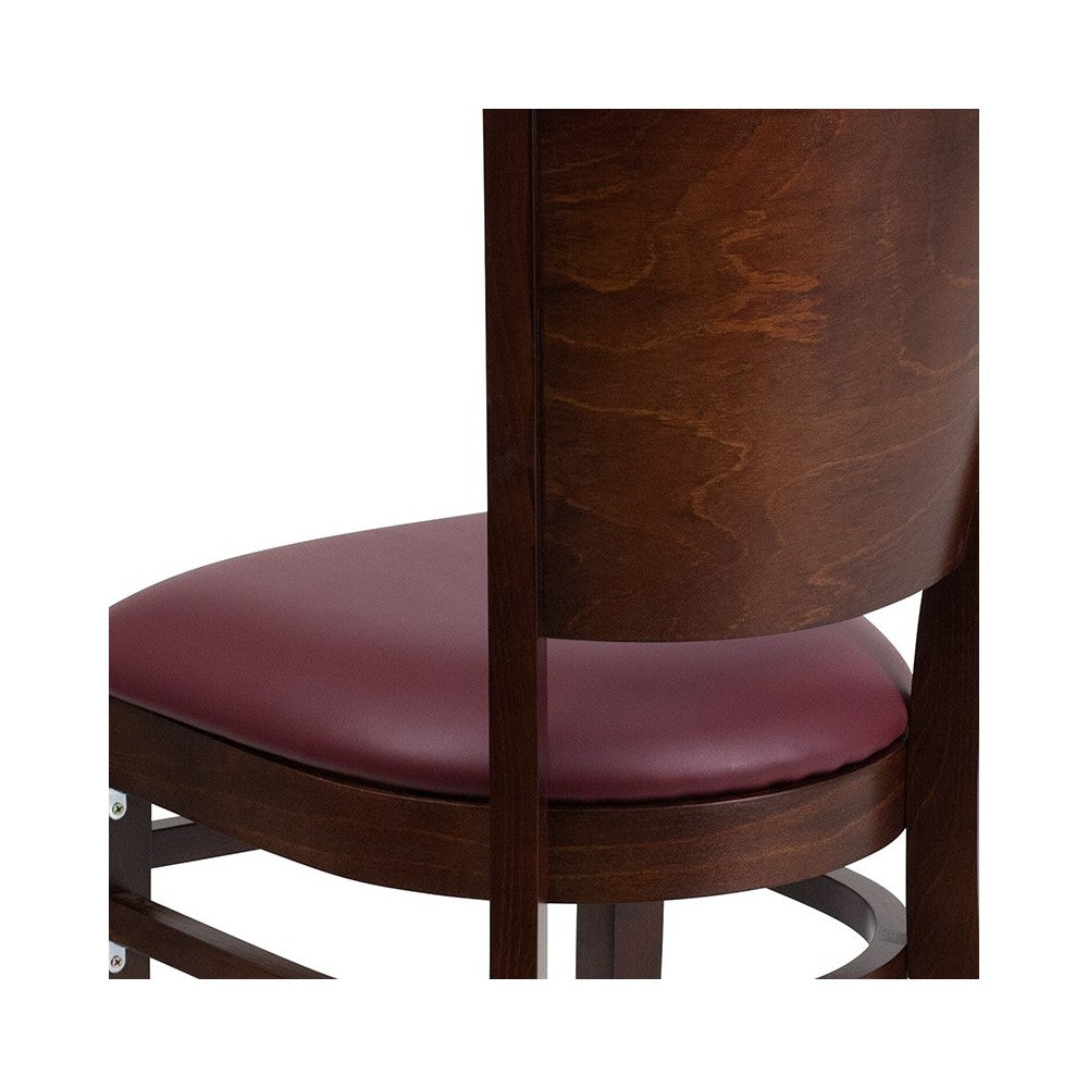 Lacey Series Solid Back Walnut Wood Restaurant Chair - Burgundy Vinyl Seat