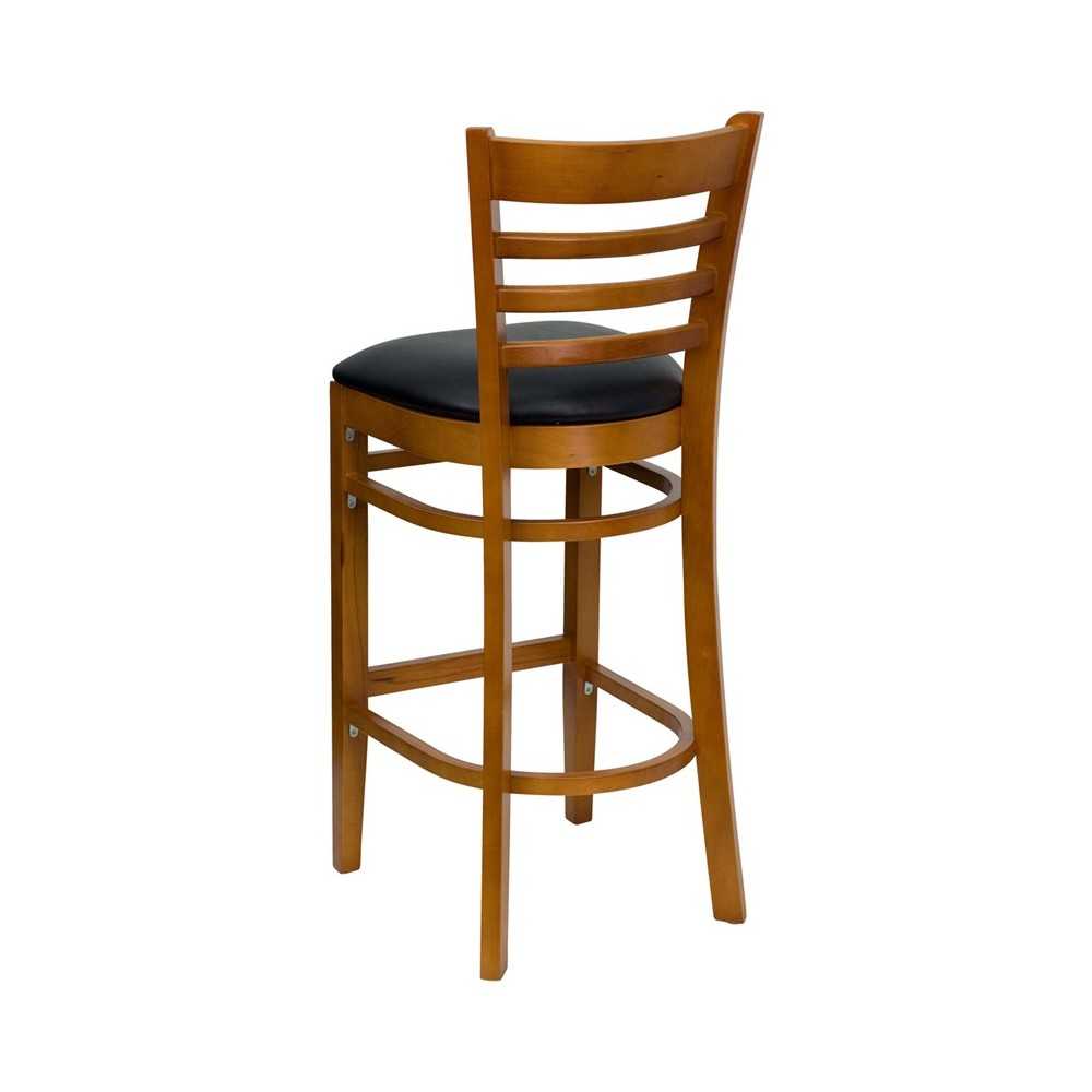 Ladder Back Cherry Wood Restaurant Barstool - Black Vinyl Seat