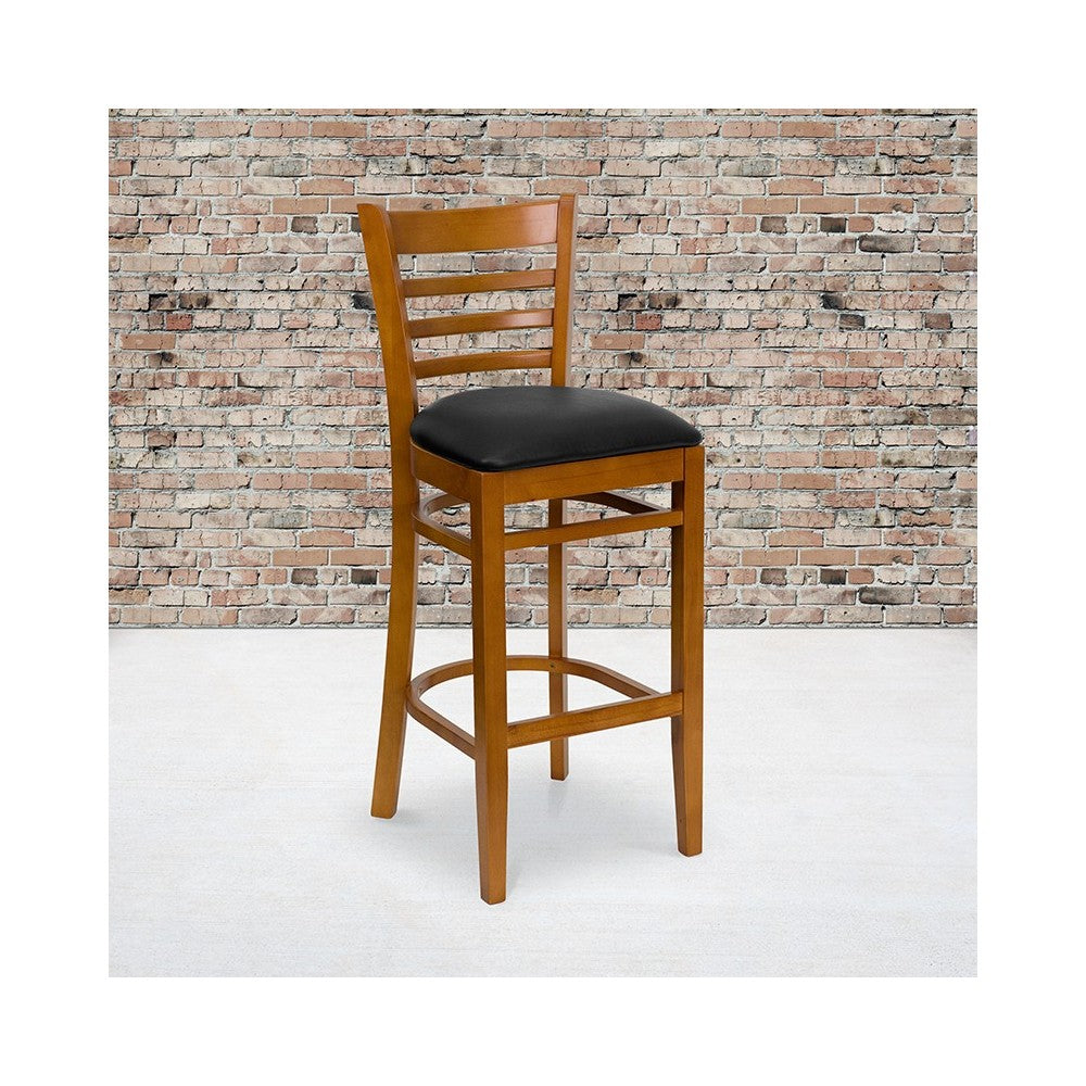Ladder Back Cherry Wood Restaurant Barstool - Black Vinyl Seat