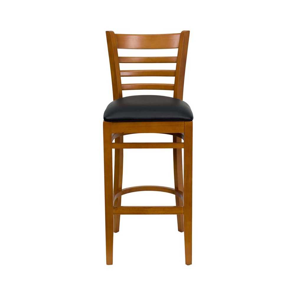 Ladder Back Cherry Wood Restaurant Barstool - Black Vinyl Seat