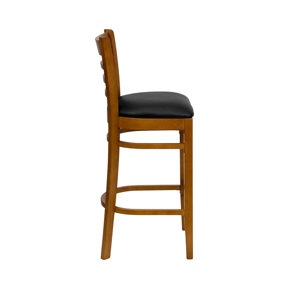 Ladder Back Cherry Wood Restaurant Barstool - Black Vinyl Seat