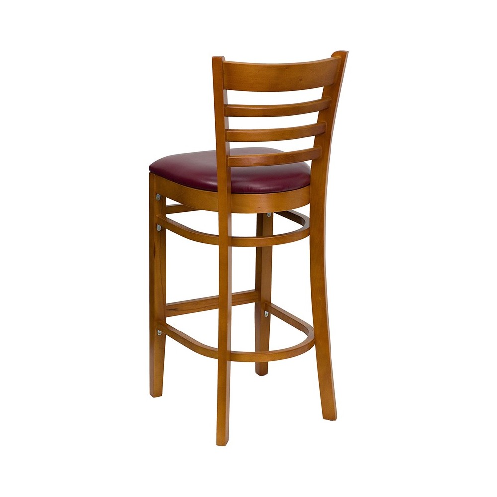 Ladder Back Cherry Wood Restaurant Barstool - Burgundy Vinyl Seat