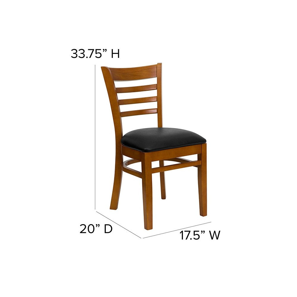 Ladder Back Cherry Wood Restaurant Chair - Black Vinyl Seat