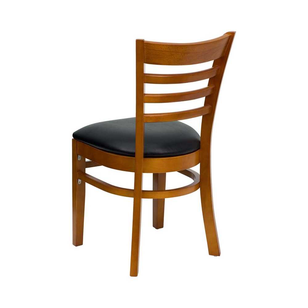 Ladder Back Cherry Wood Restaurant Chair - Black Vinyl Seat
